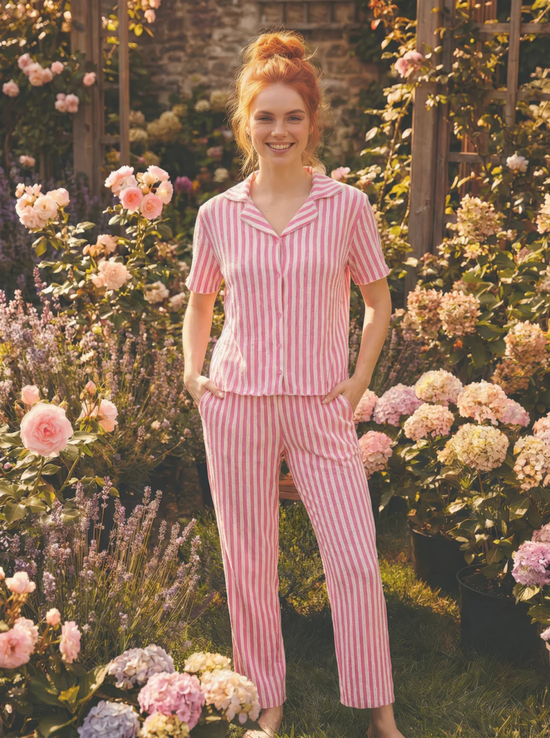 Pembe beyaz çizgili kadın pijama takımı giyen model, bahçe ortamında